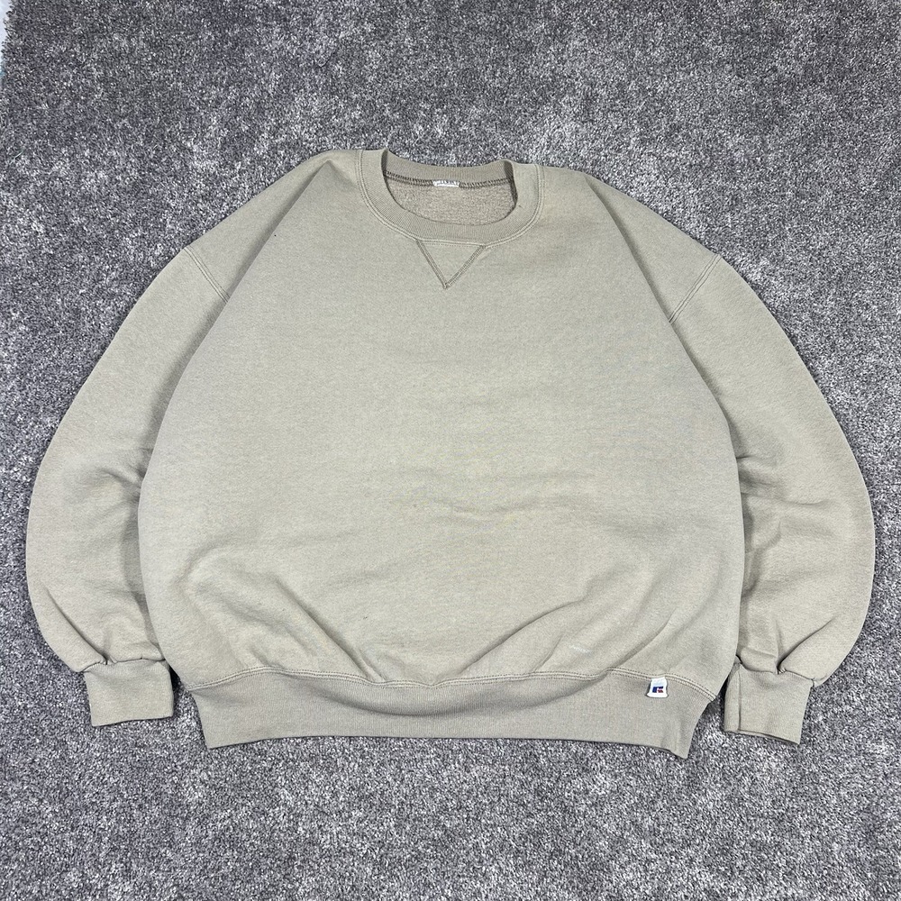 Vintage 90s Russell Athletic Faded Beige Brown Crew Neck Sweatshirt Made In USA